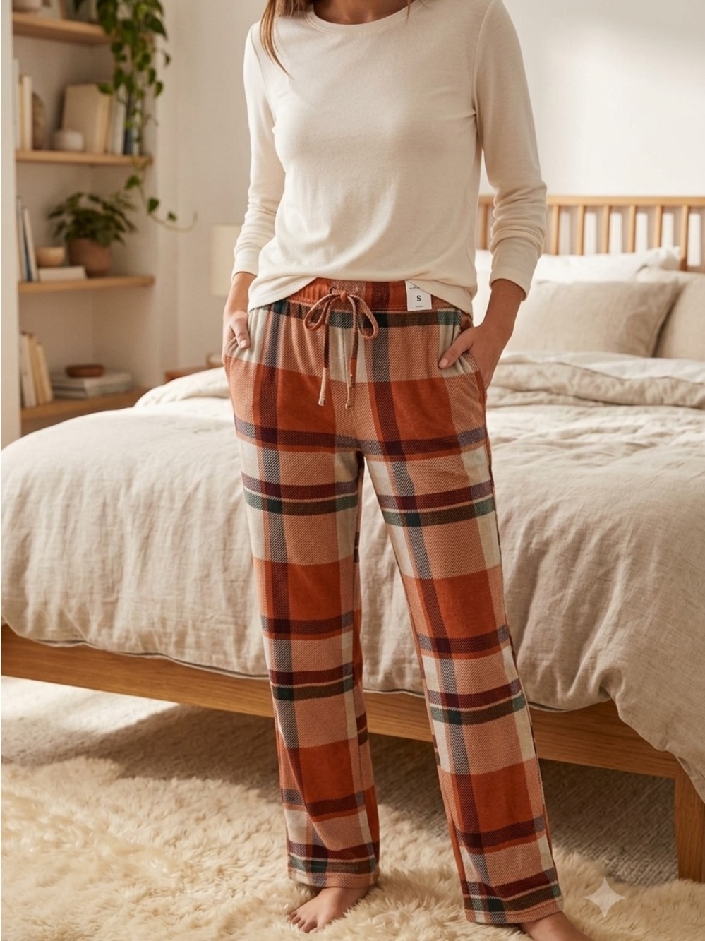 Cozy Plaid Drawstring Pantsuit Pants - Cream & Rust Plaid